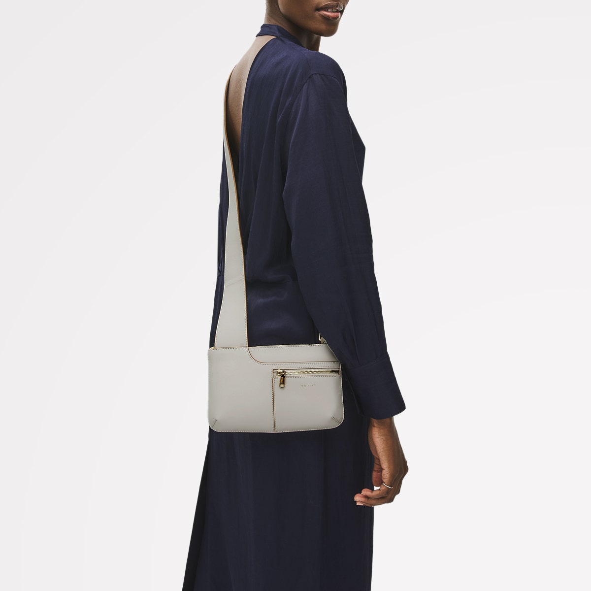 Pockets Leather Mini Ziptop Cross Body Bag in Chalk - 111430