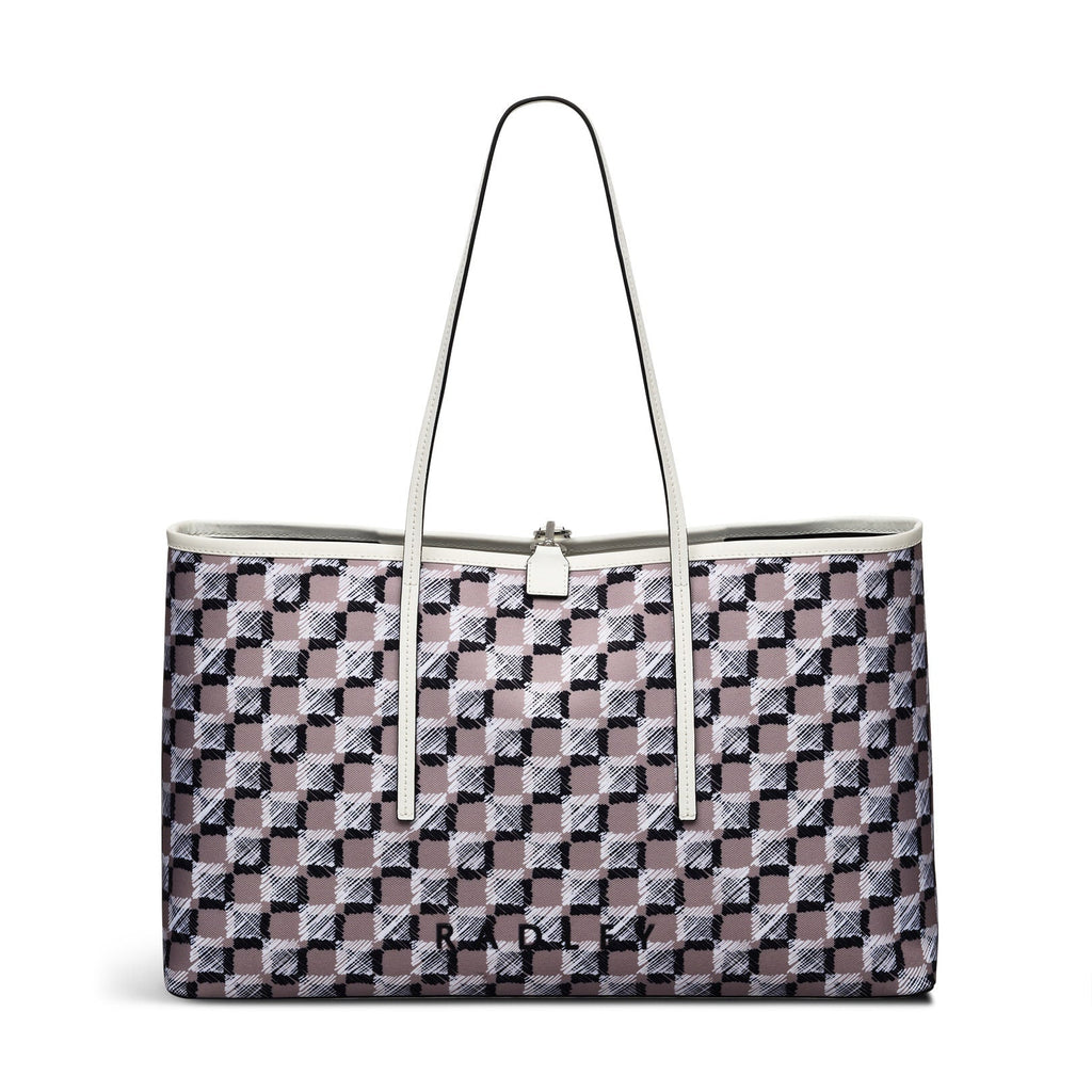 Addison Check Fabric Large Open Top Tote Bag in Latte - 111741