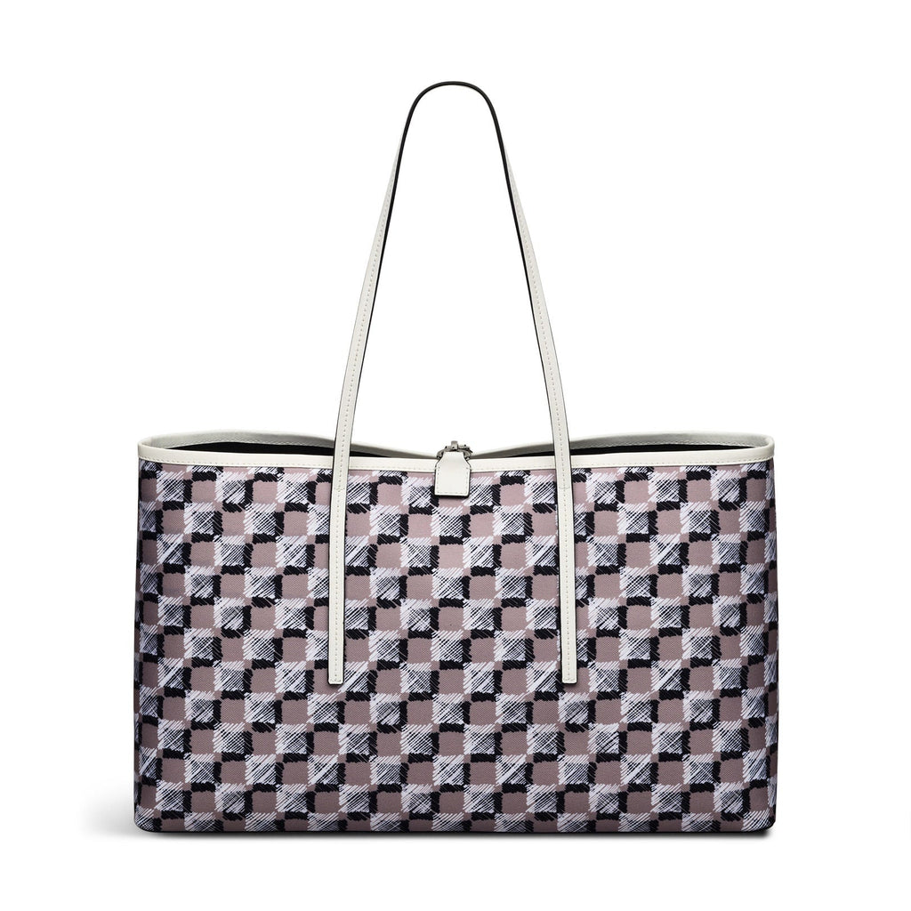 Addison Check Fabric Large Open Top Tote Bag in Latte - 111741