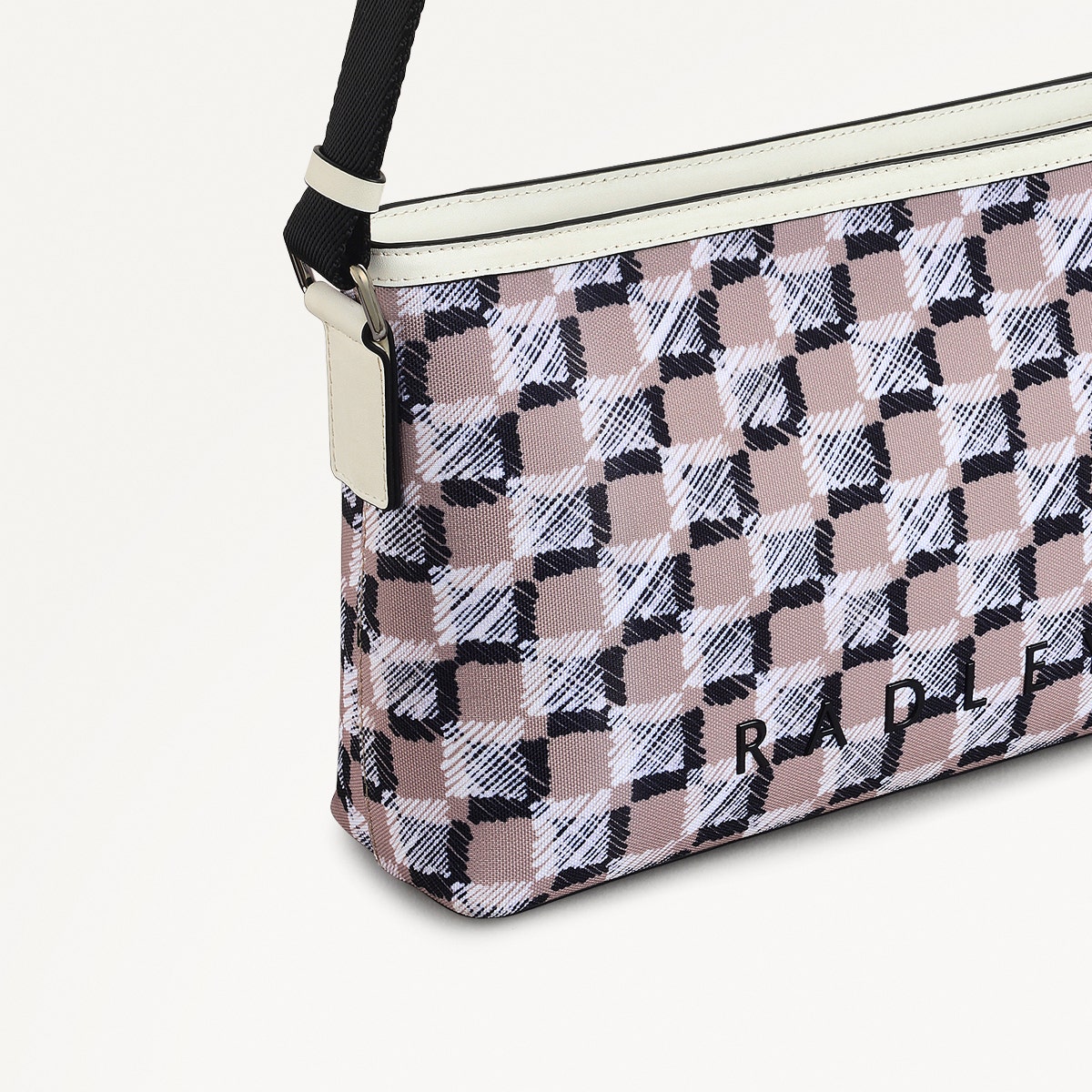 Addison Check Fabric Medium Ziptop Cross Body Bag in Latte - 111743