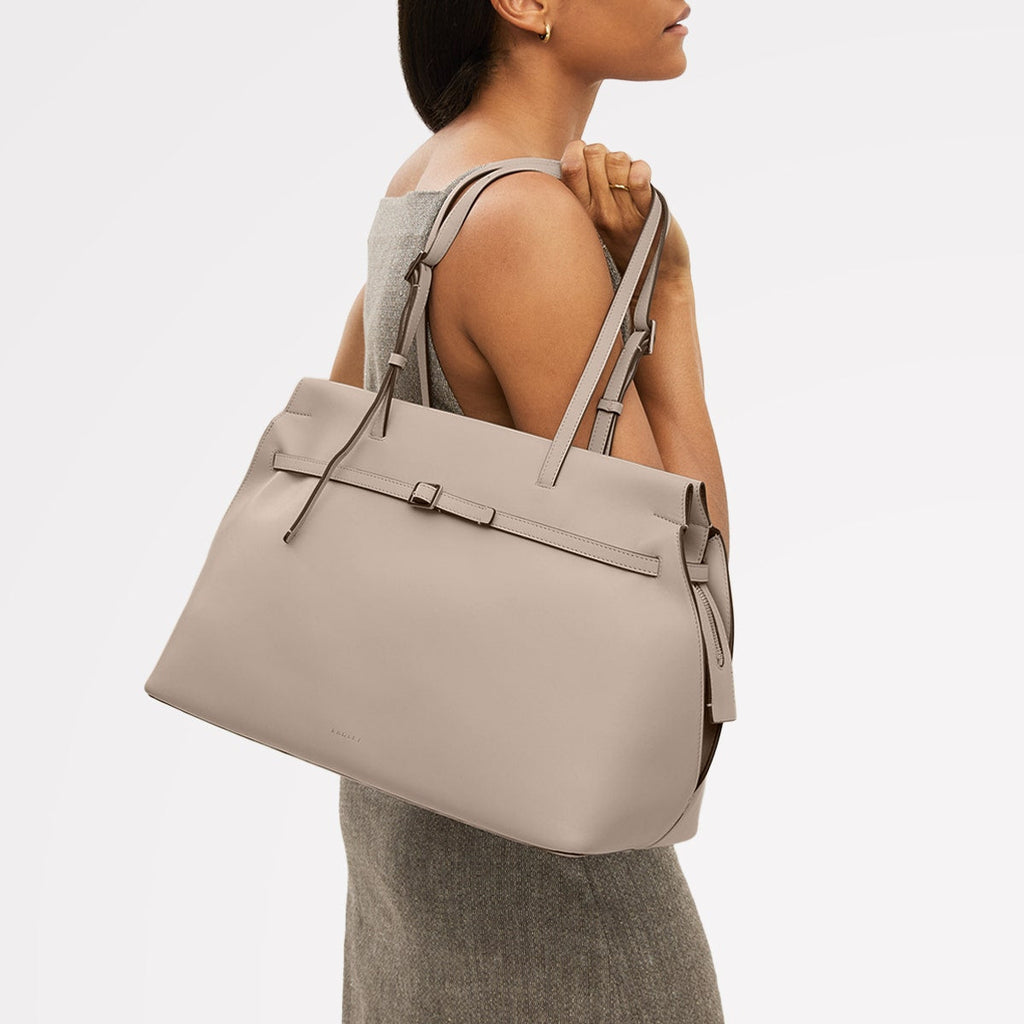 The Christina Leather Large Ziptop Shoulder Bag in Porcini - 112197