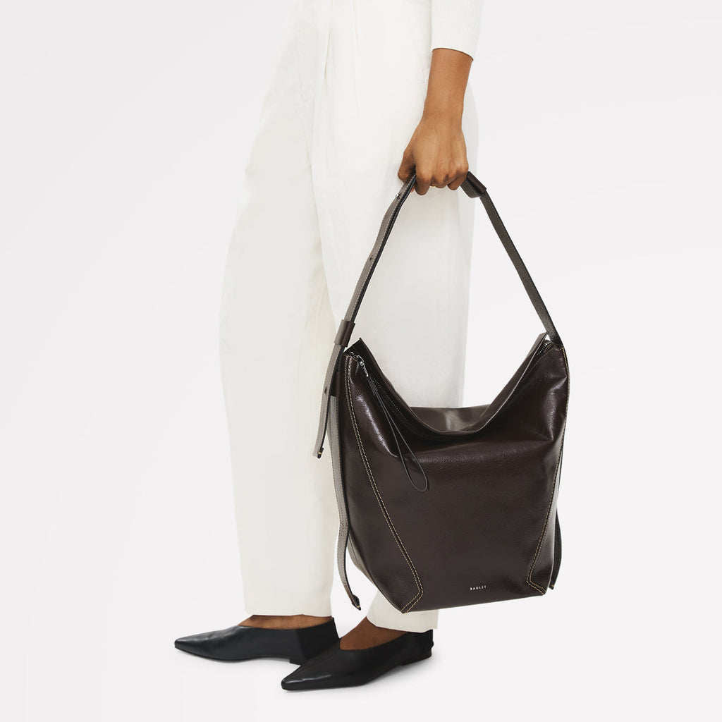 De Beauvoir Leather Large Ziptop Shoulder Bag in Dark Oak - 112261