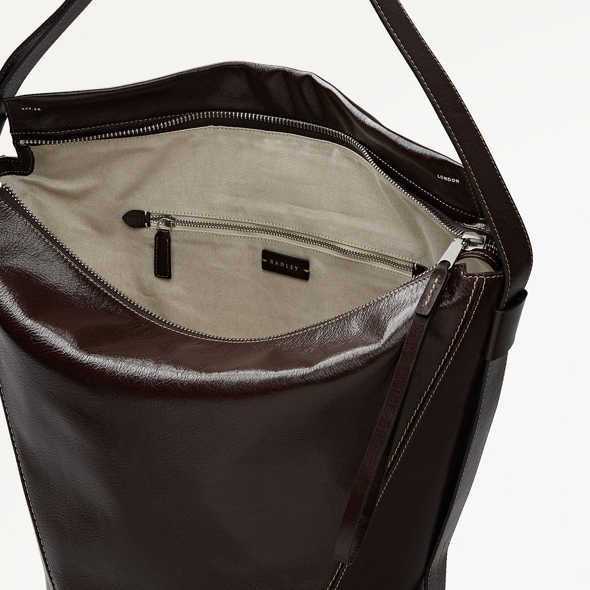 De Beauvoir Leather Large Ziptop Shoulder Bag in Dark Oak - 112261