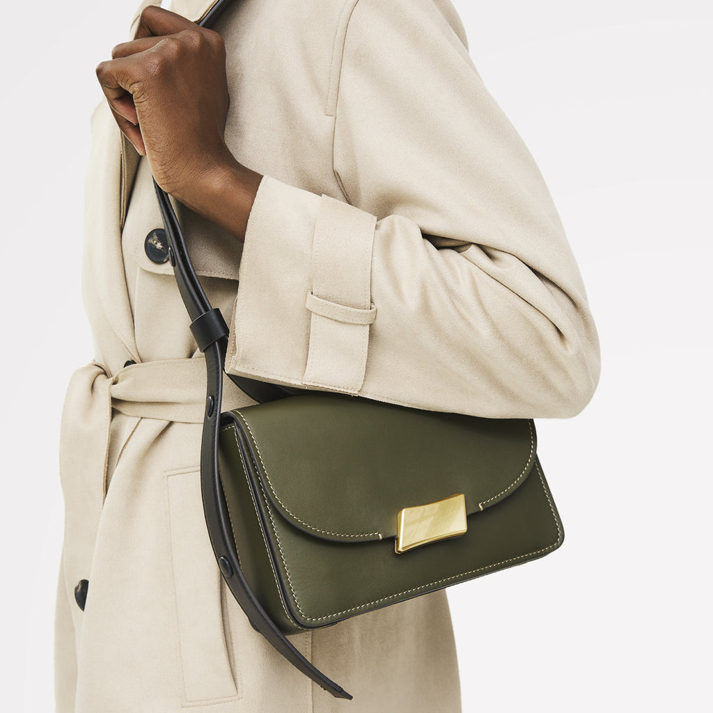 The Belsize Leather Small Flapover Shoulder Bag in Pine Needle - 112264