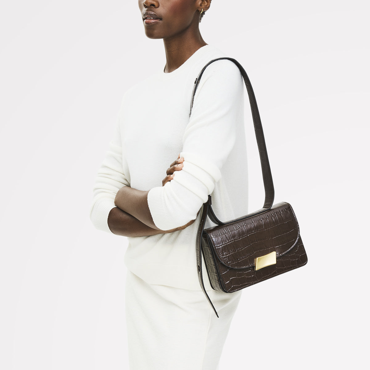 The Belsize Leather Small Flapover Shoulder Bag in Dark Oak - 112266