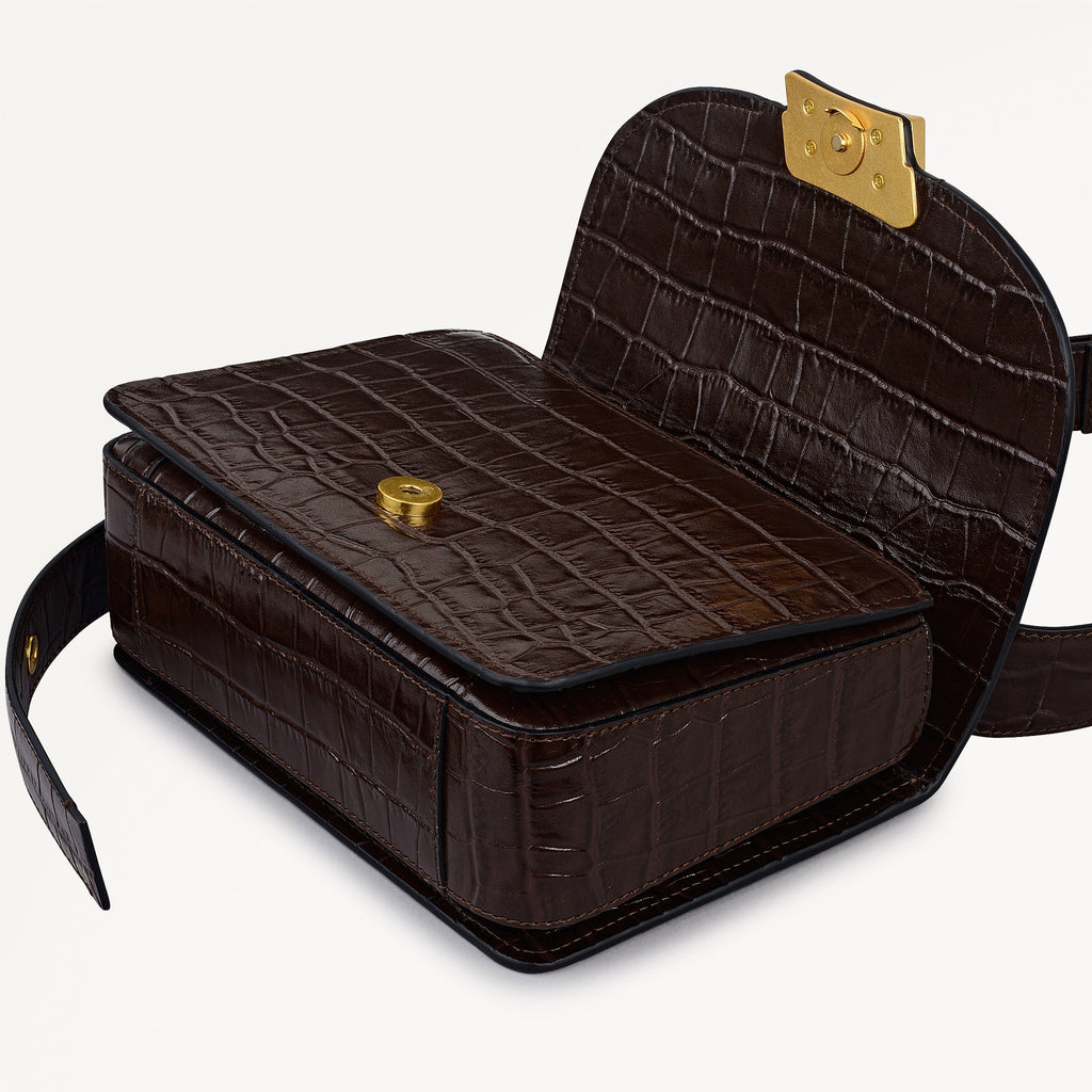 The Belsize Leather Small Flapover Shoulder Bag in Dark Oak - 112266