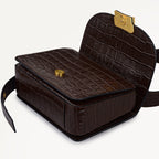 The Belsize Leather Small Flapover Shoulder Bag in Dark Oak - 112266