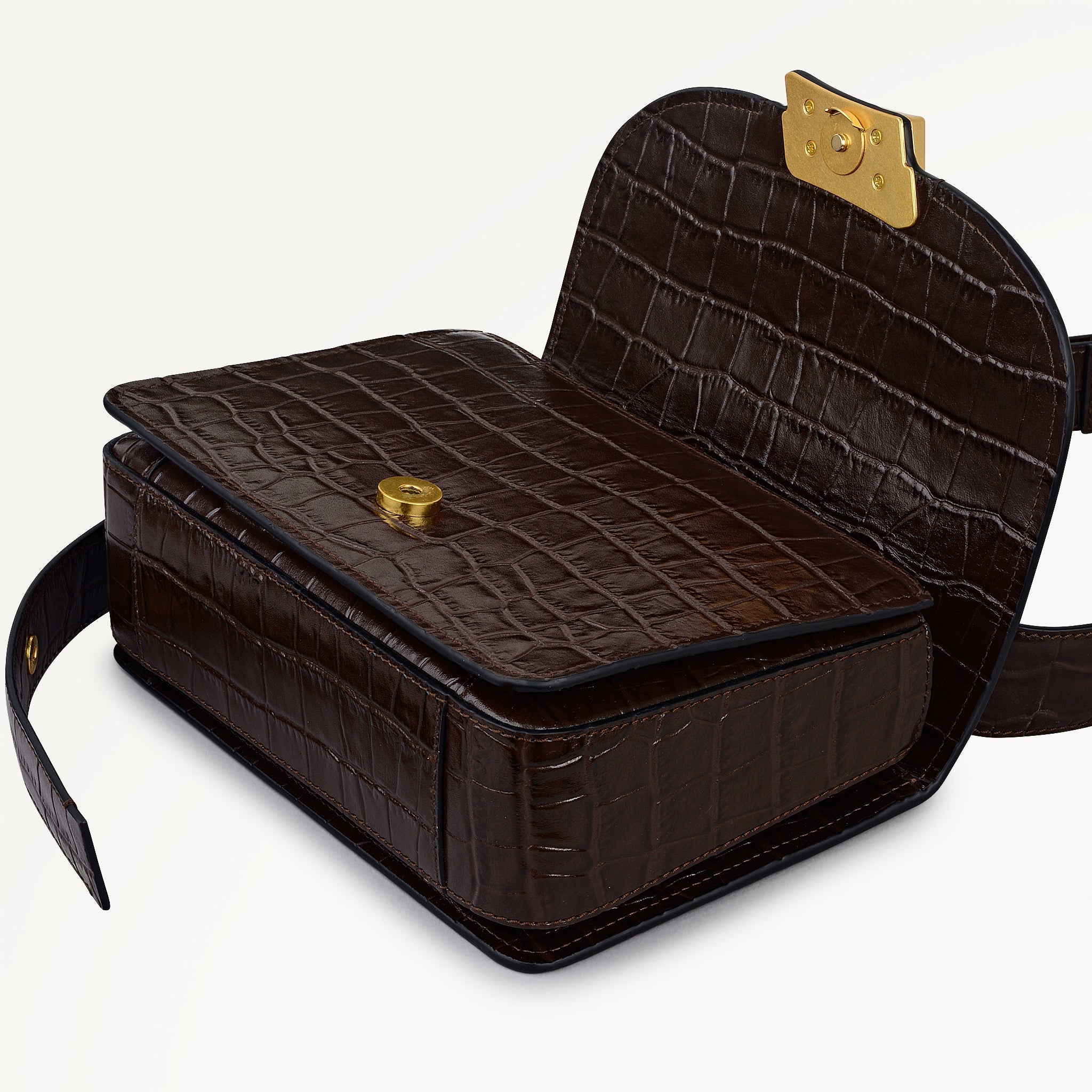 The Belsize Leather Small Flapover Shoulder Bag in Dark Oak - 112266