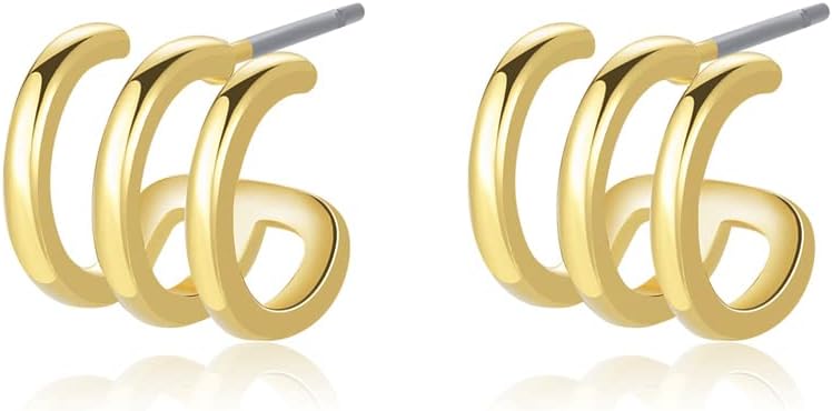 Obidos 14K Gold Plated Triple Huggie Illusion Stud Earrings | Double Huggie Hoop Earrings for One Hole | Gold Hoop Earrings for Women | Drop earrings