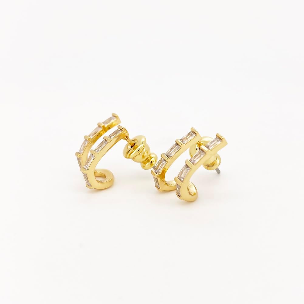 Obidos 14K Gold Plated Triple Huggie Illusion Stud Earrings | Double Huggie Hoop Earrings for One Hole | Gold Hoop Earrings for Women | Drop earrings