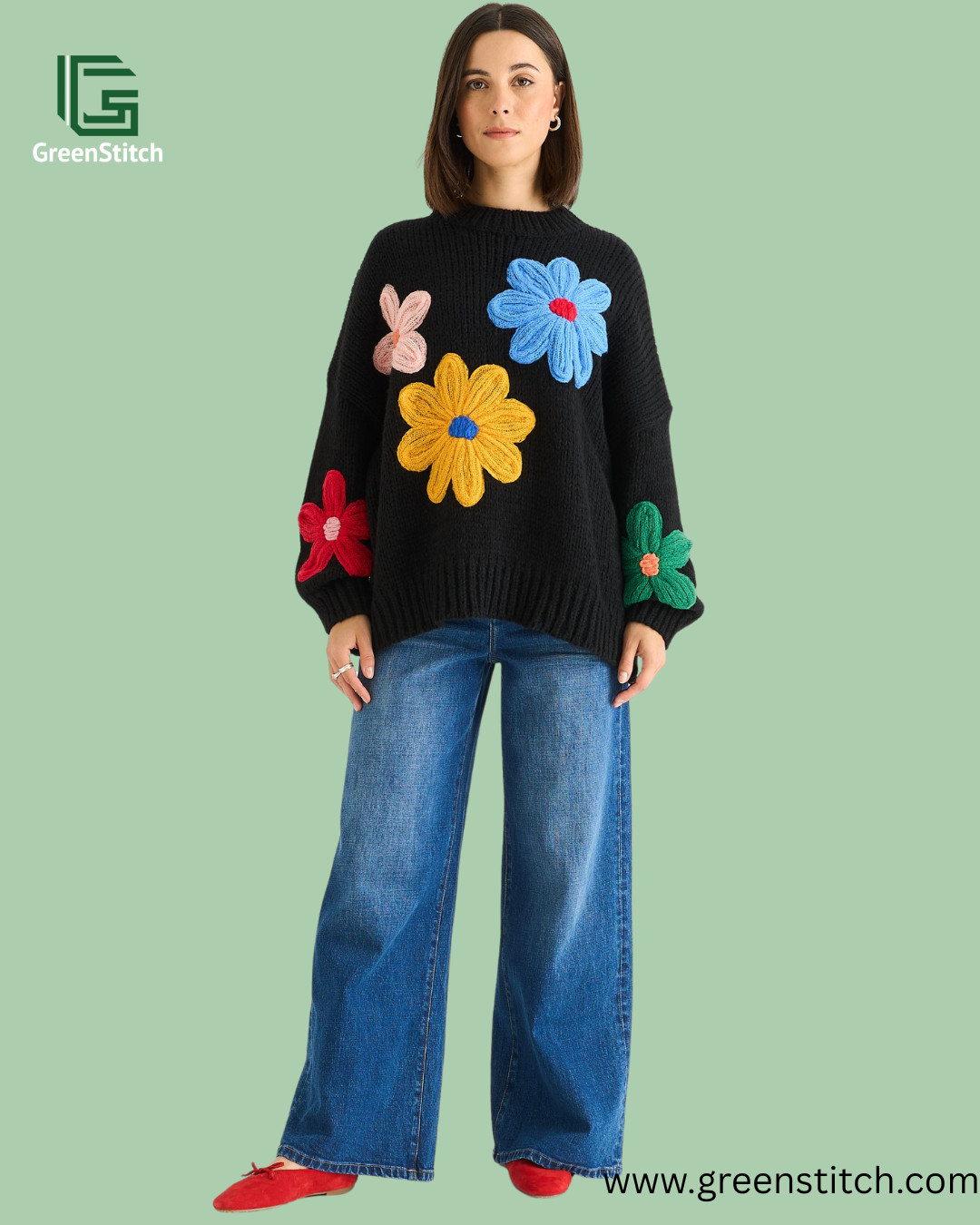 Gini London Black Floral Crochet Chunky Knit Jumper