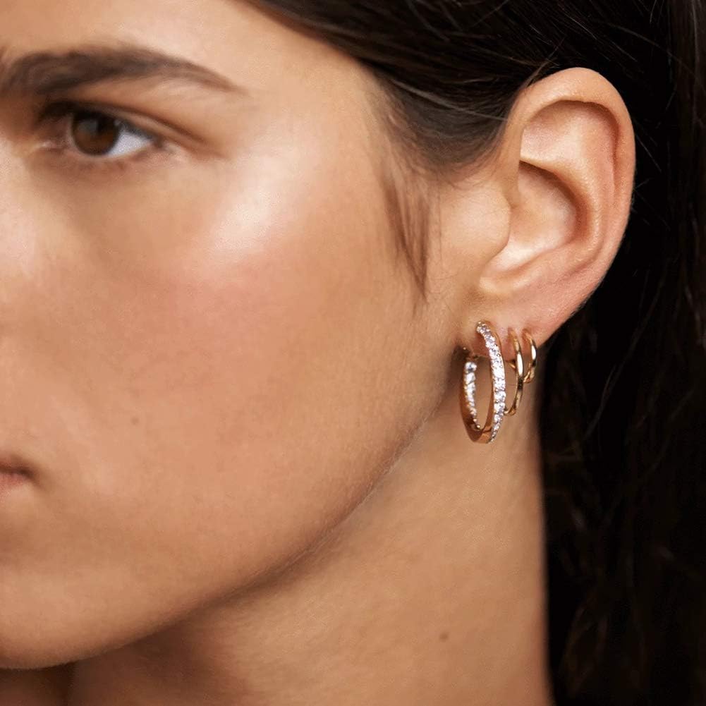 Obidos 14K Gold Plated Triple Huggie Illusion Stud Earrings | Double Huggie Hoop Earrings for One Hole | Gold Hoop Earrings for Women | Drop earrings