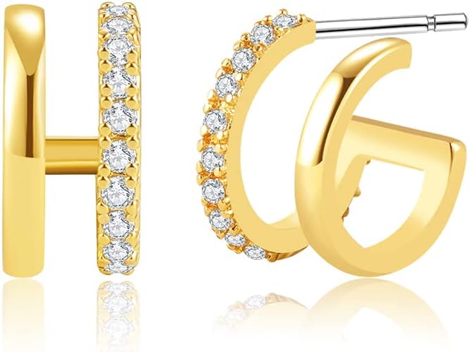 Obidos 14K Gold Plated Triple Huggie Illusion Stud Earrings | Double Huggie Hoop Earrings for One Hole | Gold Hoop Earrings for Women | Drop earrings