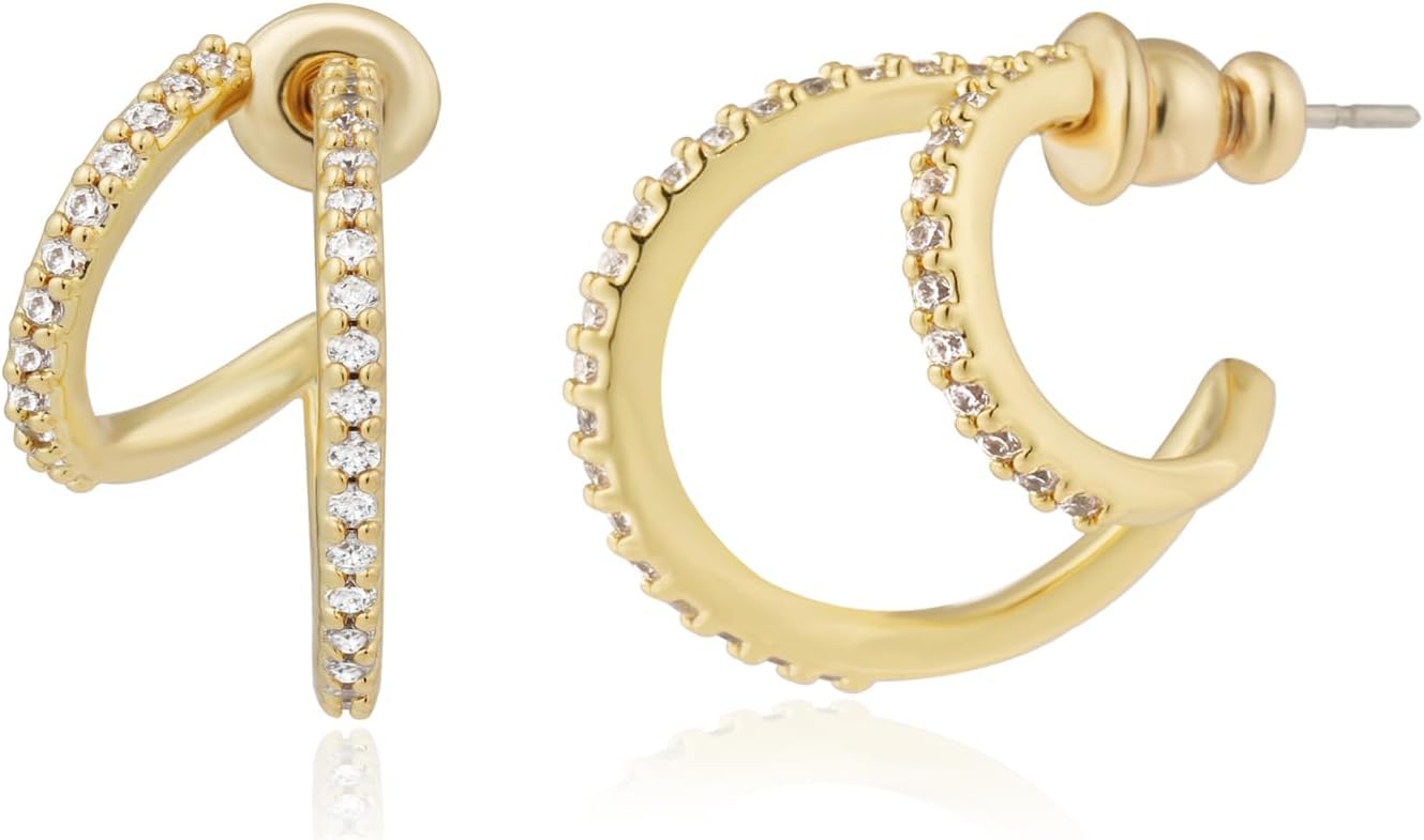 Obidos 14K Gold Plated Triple Huggie Illusion Stud Earrings | Double Huggie Hoop Earrings for One Hole | Gold Hoop Earrings for Women | Drop earrings