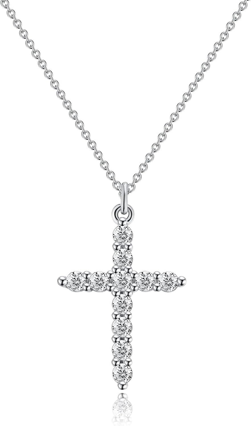 Upgraded Crown Cross Necklace for Women,14K Gold Plated & Silver Plated Crown Cross Pendant Necklace Diamond Cross Necklaces Faith Cross Jewelry First Communion Gifts, 12-Color Birthstone Necklaces for Women