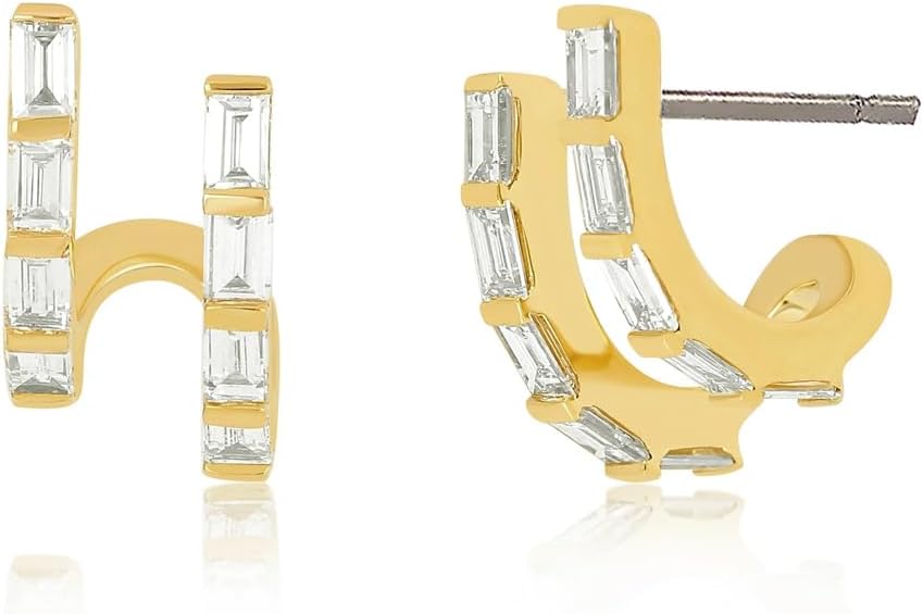 Obidos 14K Gold Plated Triple Huggie Illusion Stud Earrings | Double Huggie Hoop Earrings for One Hole | Gold Hoop Earrings for Women | Drop earrings