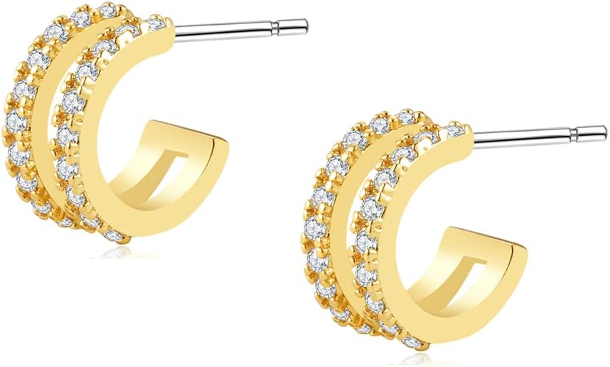 Obidos 14K Gold Plated Triple Huggie Illusion Stud Earrings | Double Huggie Hoop Earrings for One Hole | Gold Hoop Earrings for Women | Drop earrings