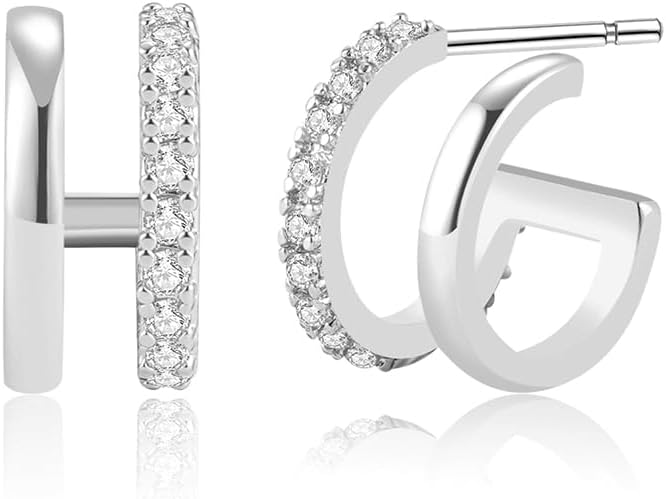 Obidos 14K Gold Plated Triple Huggie Illusion Stud Earrings | Double Huggie Hoop Earrings for One Hole | Gold Hoop Earrings for Women | Drop earrings