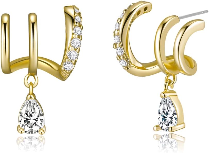 Obidos 14K Gold Plated Triple Huggie Illusion Stud Earrings | Double Huggie Hoop Earrings for One Hole | Gold Hoop Earrings for Women | Drop earrings