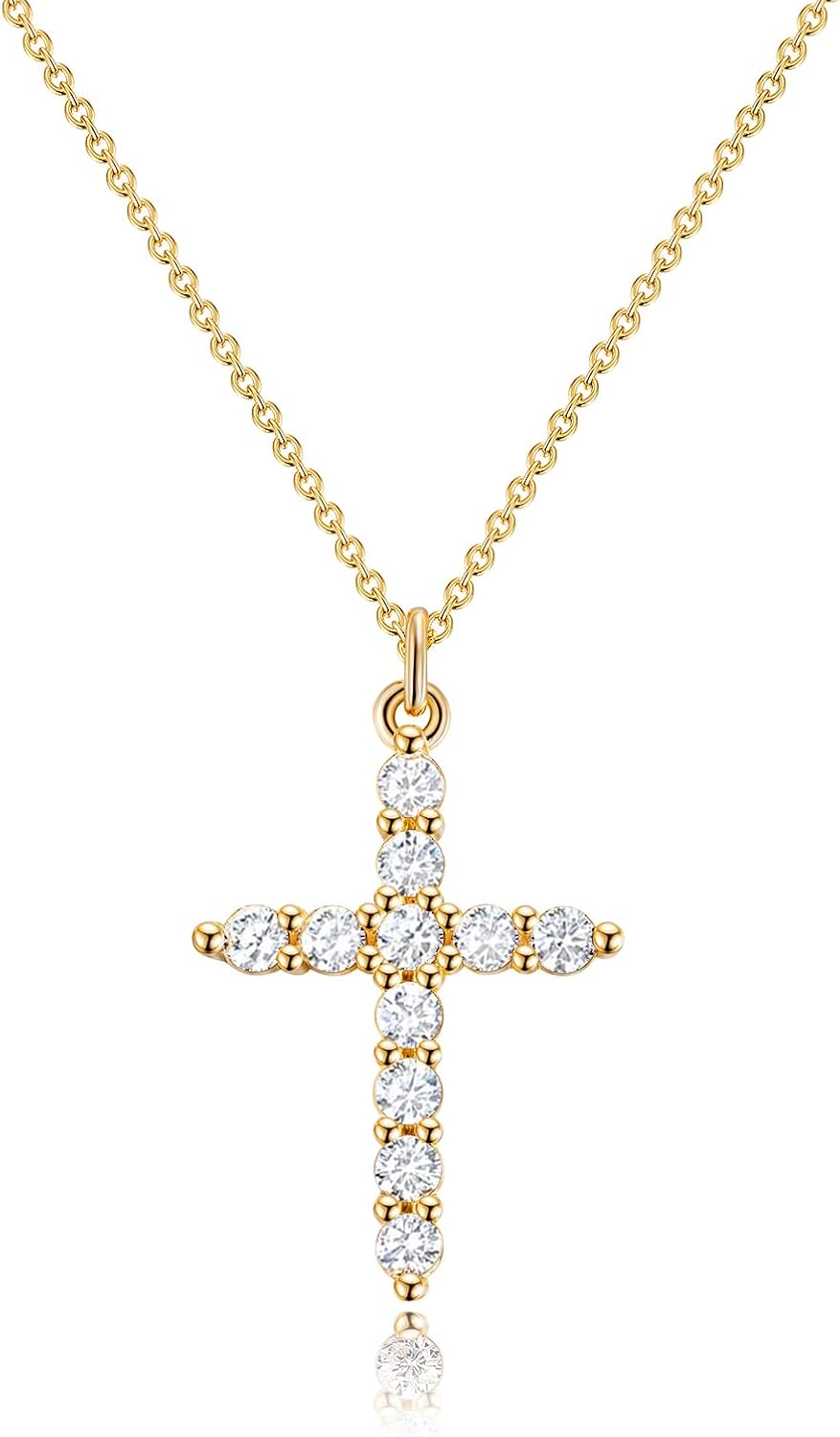 Upgraded Crown Cross Necklace for Women,14K Gold Plated & Silver Plated Crown Cross Pendant Necklace Diamond Cross Necklaces Faith Cross Jewelry First Communion Gifts, 12-Color Birthstone Necklaces for Women