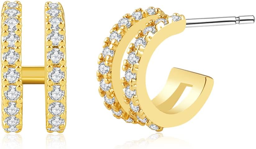 Obidos 14K Gold Plated Triple Huggie Illusion Stud Earrings | Double Huggie Hoop Earrings for One Hole | Gold Hoop Earrings for Women | Drop earrings