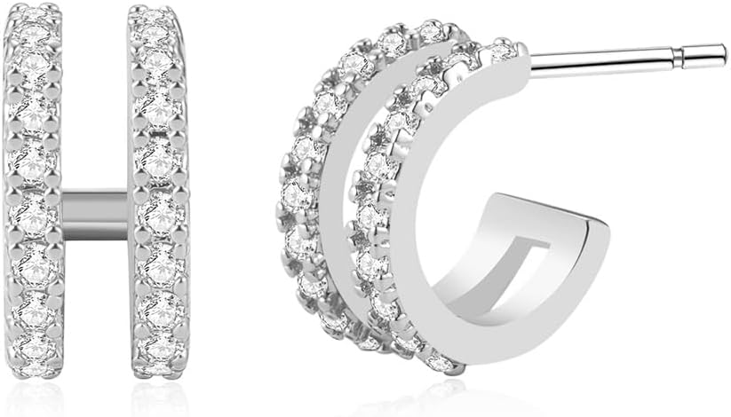 Obidos 14K Gold Plated Triple Huggie Illusion Stud Earrings | Double Huggie Hoop Earrings for One Hole | Gold Hoop Earrings for Women | Drop earrings