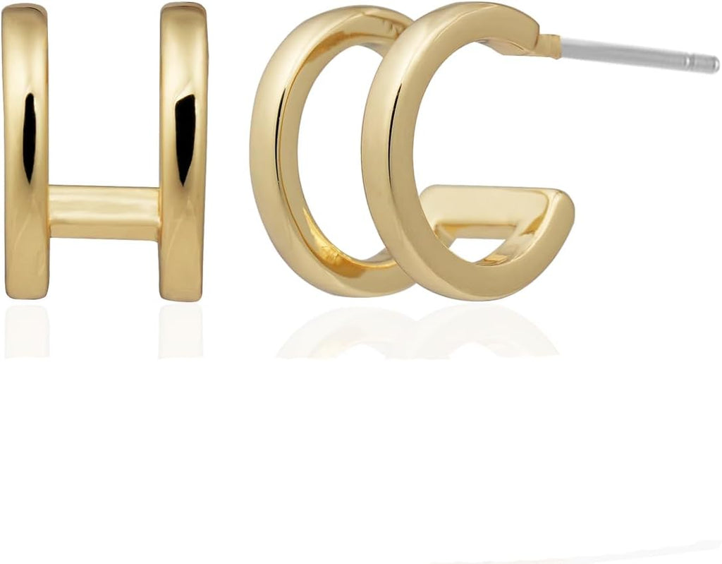 Obidos 14K Gold Plated Triple Huggie Illusion Stud Earrings | Double Huggie Hoop Earrings for One Hole | Gold Hoop Earrings for Women | Drop earrings