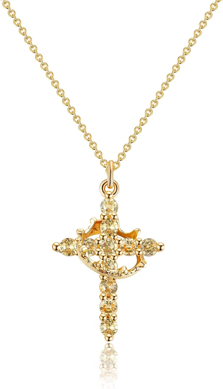 Upgraded Crown Cross Necklace for Women,14K Gold Plated & Silver Plated Crown Cross Pendant Necklace Diamond Cross Necklaces Faith Cross Jewelry First Communion Gifts, 12-Color Birthstone Necklaces for Women