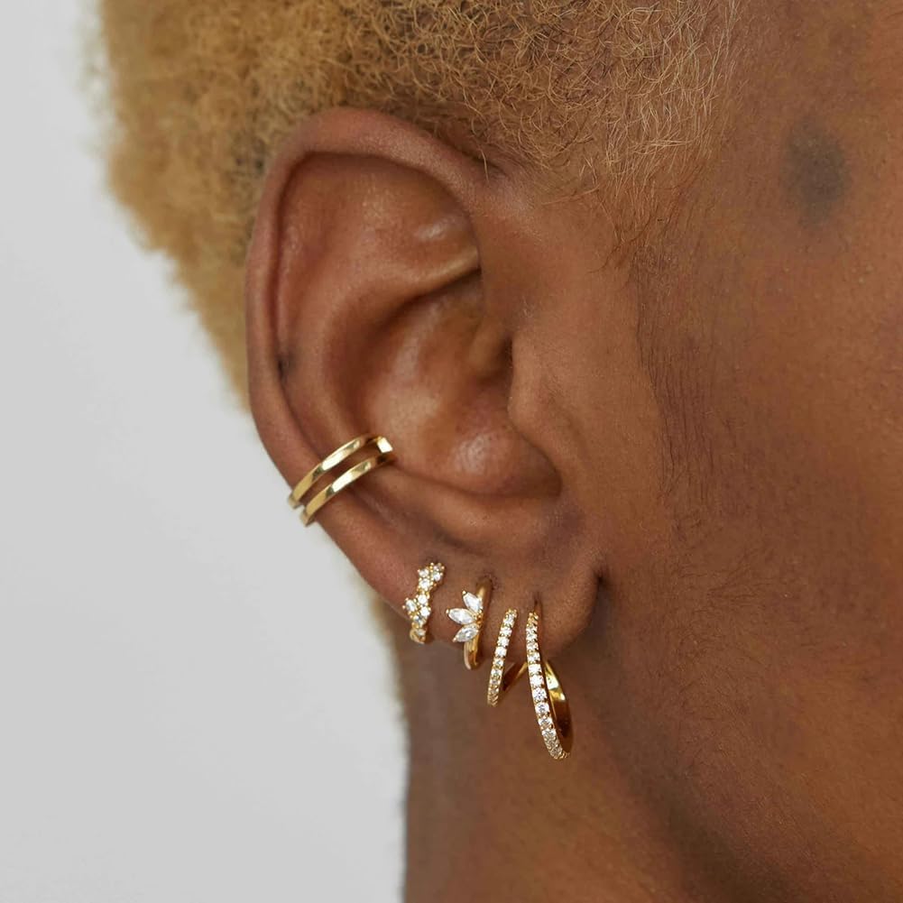 Obidos 14K Gold Plated Triple Huggie Illusion Stud Earrings | Double Huggie Hoop Earrings for One Hole | Gold Hoop Earrings for Women | Drop earrings