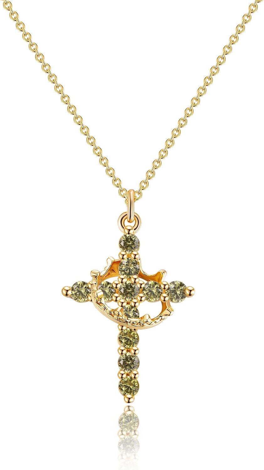 Upgraded Crown Cross Necklace for Women,14K Gold Plated & Silver Plated Crown Cross Pendant Necklace Diamond Cross Necklaces Faith Cross Jewelry First Communion Gifts, 12-Color Birthstone Necklaces for Women
