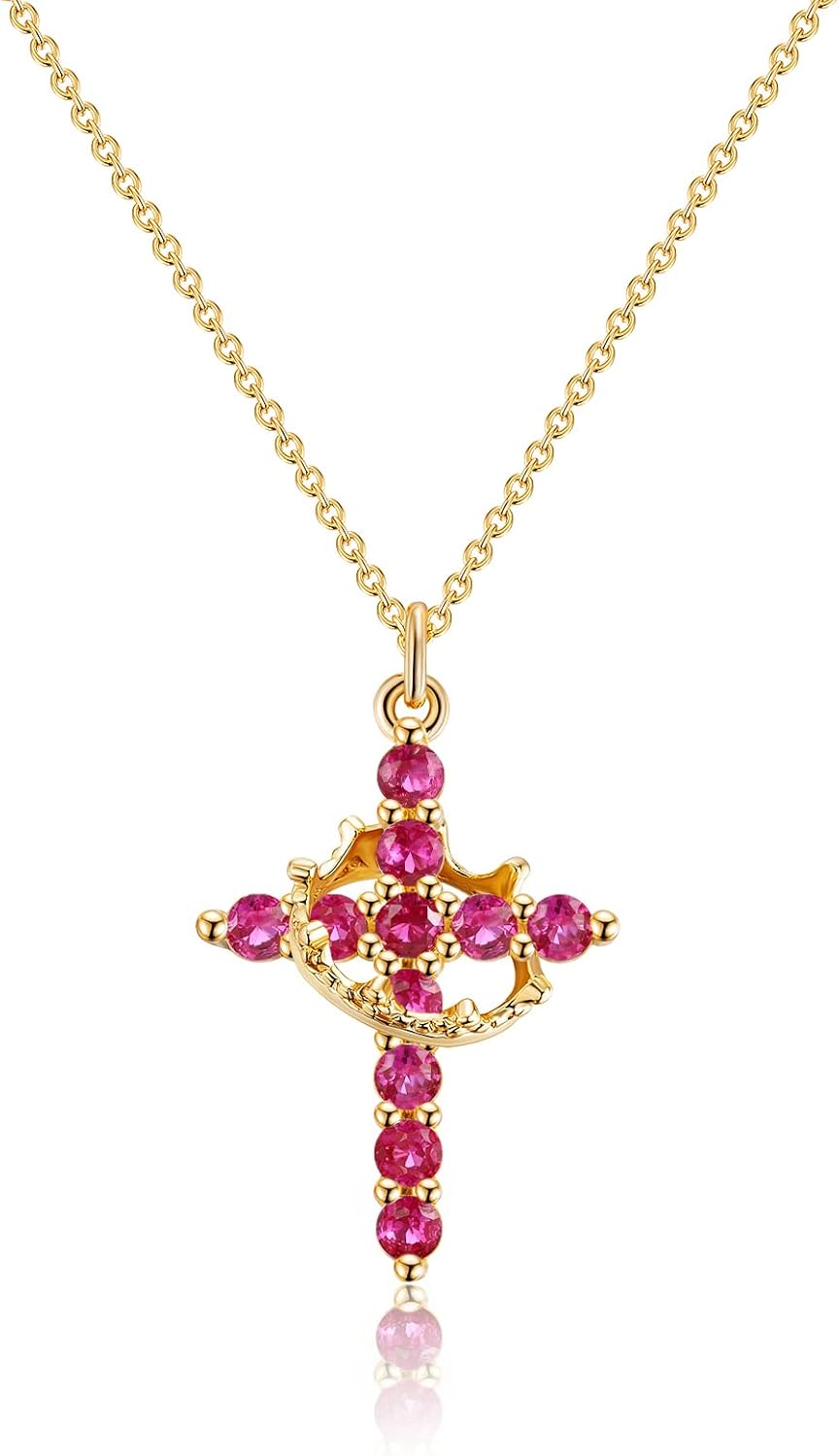 Upgraded Crown Cross Necklace for Women,14K Gold Plated & Silver Plated Crown Cross Pendant Necklace Diamond Cross Necklaces Faith Cross Jewelry First Communion Gifts, 12-Color Birthstone Necklaces for Women