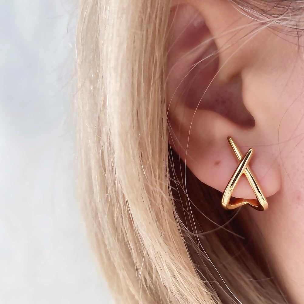 Obidos 14K Gold Plated Triple Huggie Illusion Stud Earrings | Double Huggie Hoop Earrings for One Hole | Gold Hoop Earrings for Women | Drop earrings