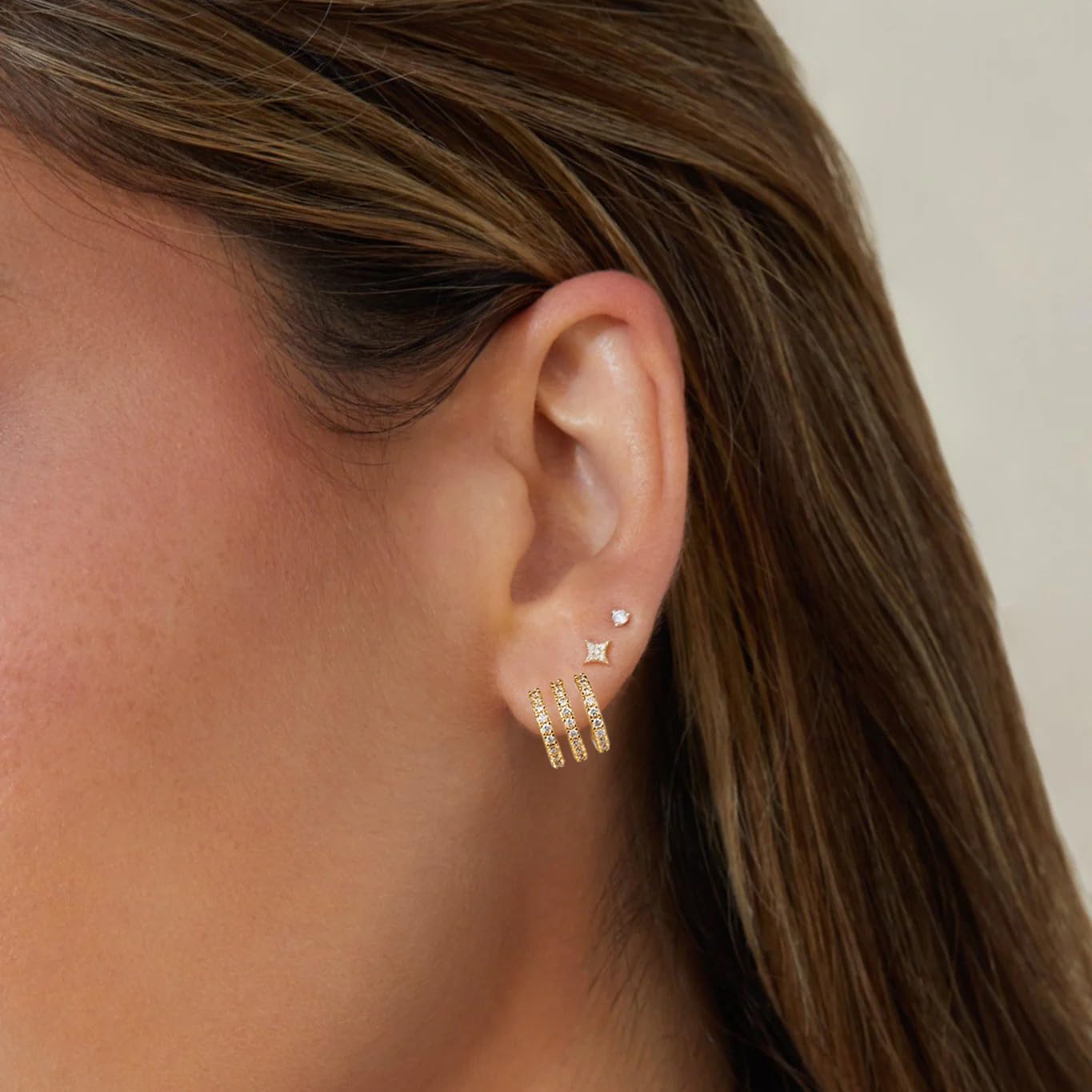 Obidos 14K Gold Plated Triple Huggie Illusion Stud Earrings | Double Huggie Hoop Earrings for One Hole | Gold Hoop Earrings for Women | Drop earrings