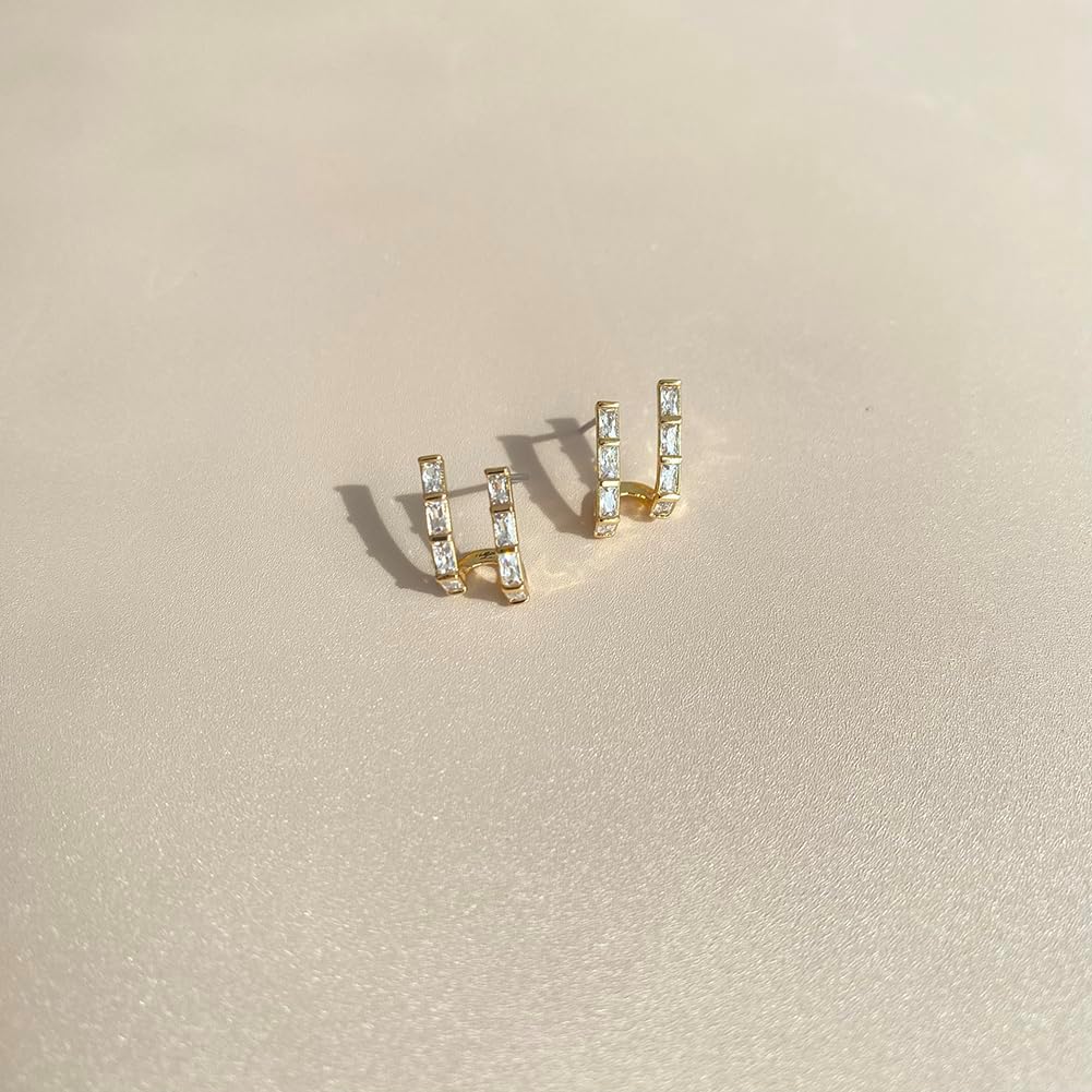 Obidos 14K Gold Plated Triple Huggie Illusion Stud Earrings | Double Huggie Hoop Earrings for One Hole | Gold Hoop Earrings for Women | Drop earrings