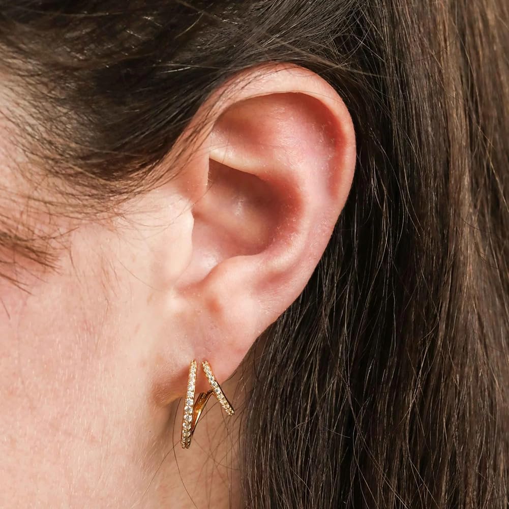 Obidos 14K Gold Plated Triple Huggie Illusion Stud Earrings | Double Huggie Hoop Earrings for One Hole | Gold Hoop Earrings for Women | Drop earrings