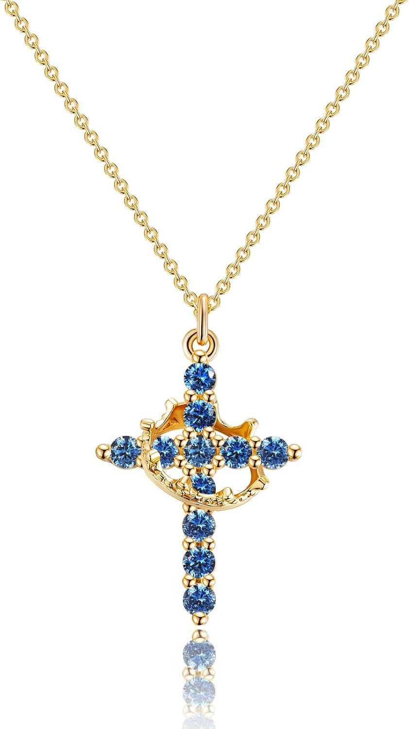 Upgraded Crown Cross Necklace for Women,14K Gold Plated & Silver Plated Crown Cross Pendant Necklace Diamond Cross Necklaces Faith Cross Jewelry First Communion Gifts, 12-Color Birthstone Necklaces for Women
