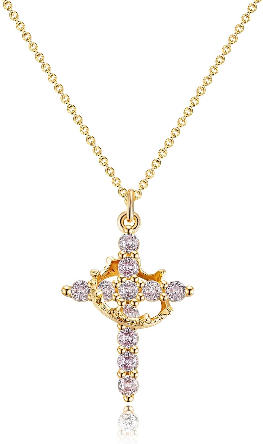 Upgraded Crown Cross Necklace for Women,14K Gold Plated & Silver Plated Crown Cross Pendant Necklace Diamond Cross Necklaces Faith Cross Jewelry First Communion Gifts, 12-Color Birthstone Necklaces for Women