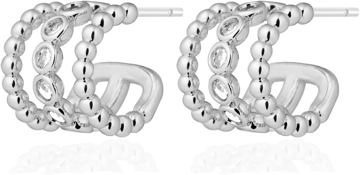 Obidos 14K Gold Plated Triple Huggie Illusion Stud Earrings | Double Huggie Hoop Earrings for One Hole | Gold Hoop Earrings for Women | Drop earrings