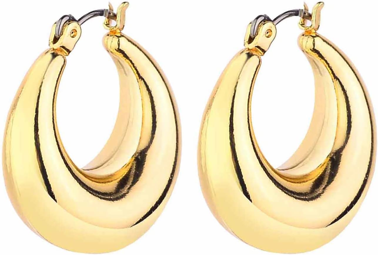 Gold Chunky Hoop Earrings Set for Women, 14K Gold Plated Twisted Huggie Hoop Earring Hypoallergenic, Thick Open Hoops Set Lightweight