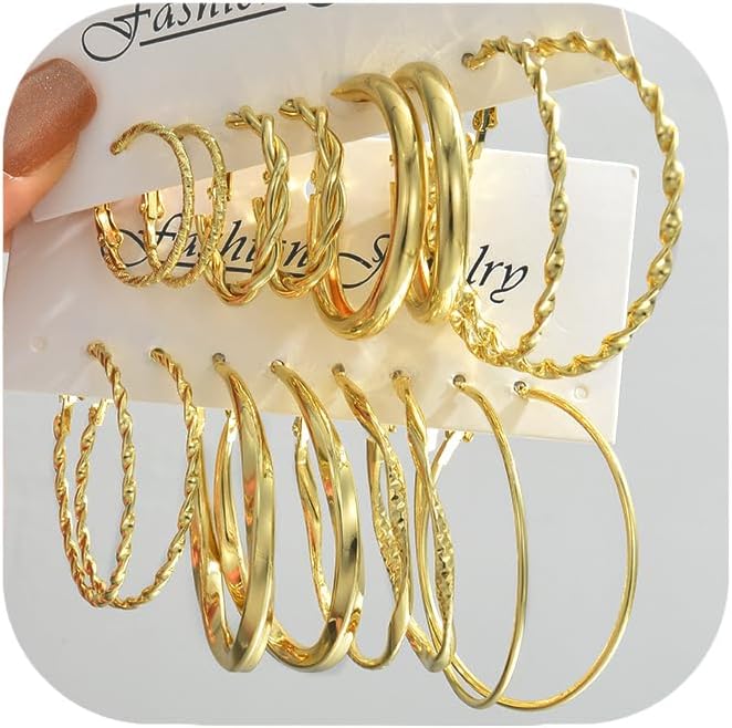 42 Pairs Gold Hoop Earrings Set for Women, Fashion Chunky Pearl Earrings Multipack Twisted Statement Earring Pack, Hypoallergenic Small Big Hoops Earrings for Birthday Party
