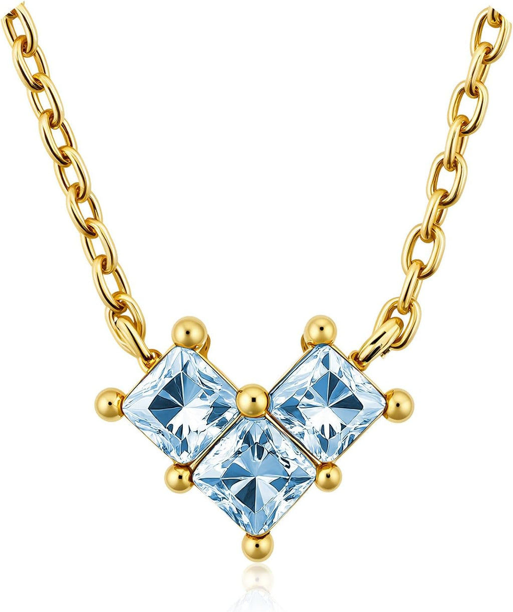 Turandoss Birthstone Necklaces for Women - Created 14K Gold Plated Blue Green Emerald Pendent Necklaces for Women Teen Girls 12 Month Dainty Heart Birthstone Jewelry Birthday Gifts