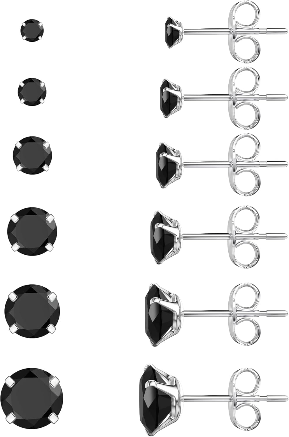 6 Pairs Stud Earrings Set, Hypoallergenic Cubic Zirconia 316L Earrings Stainless Steel CZ Earrings 3-8mm (Steel color)