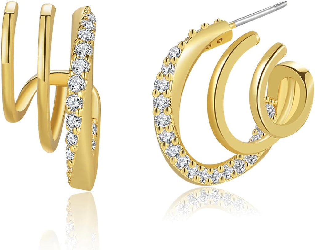 Obidos 14K Gold Plated Triple Huggie Illusion Stud Earrings | Double Huggie Hoop Earrings for One Hole | Gold Hoop Earrings for Women | Drop earrings