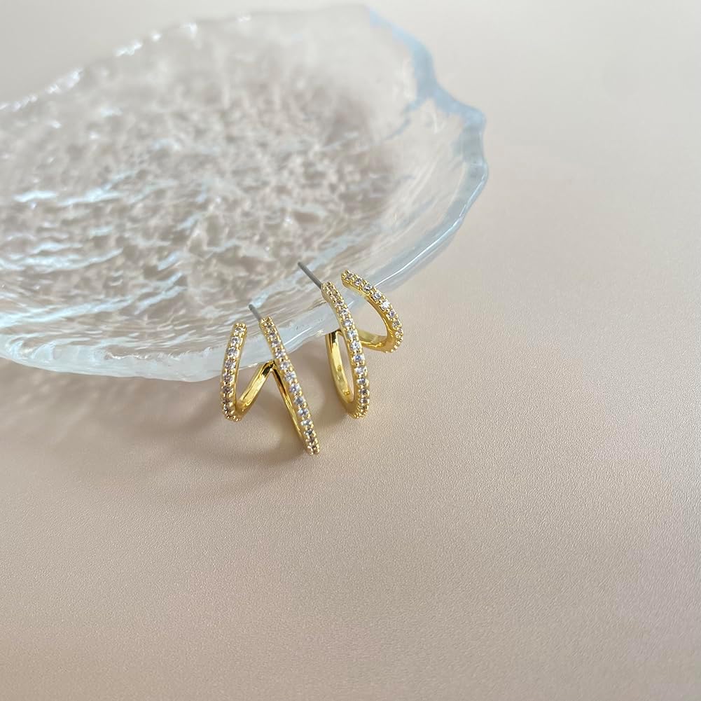 Obidos 14K Gold Plated Triple Huggie Illusion Stud Earrings | Double Huggie Hoop Earrings for One Hole | Gold Hoop Earrings for Women | Drop earrings