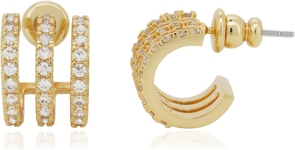 Obidos 14K Gold Plated Triple Huggie Illusion Stud Earrings | Double Huggie Hoop Earrings for One Hole | Gold Hoop Earrings for Women | Drop earrings