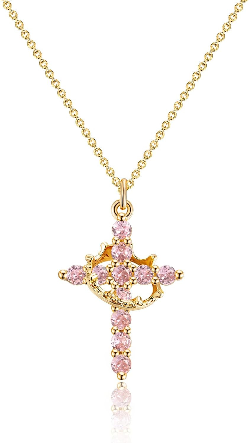 Upgraded Crown Cross Necklace for Women,14K Gold Plated & Silver Plated Crown Cross Pendant Necklace Diamond Cross Necklaces Faith Cross Jewelry First Communion Gifts, 12-Color Birthstone Necklaces for Women