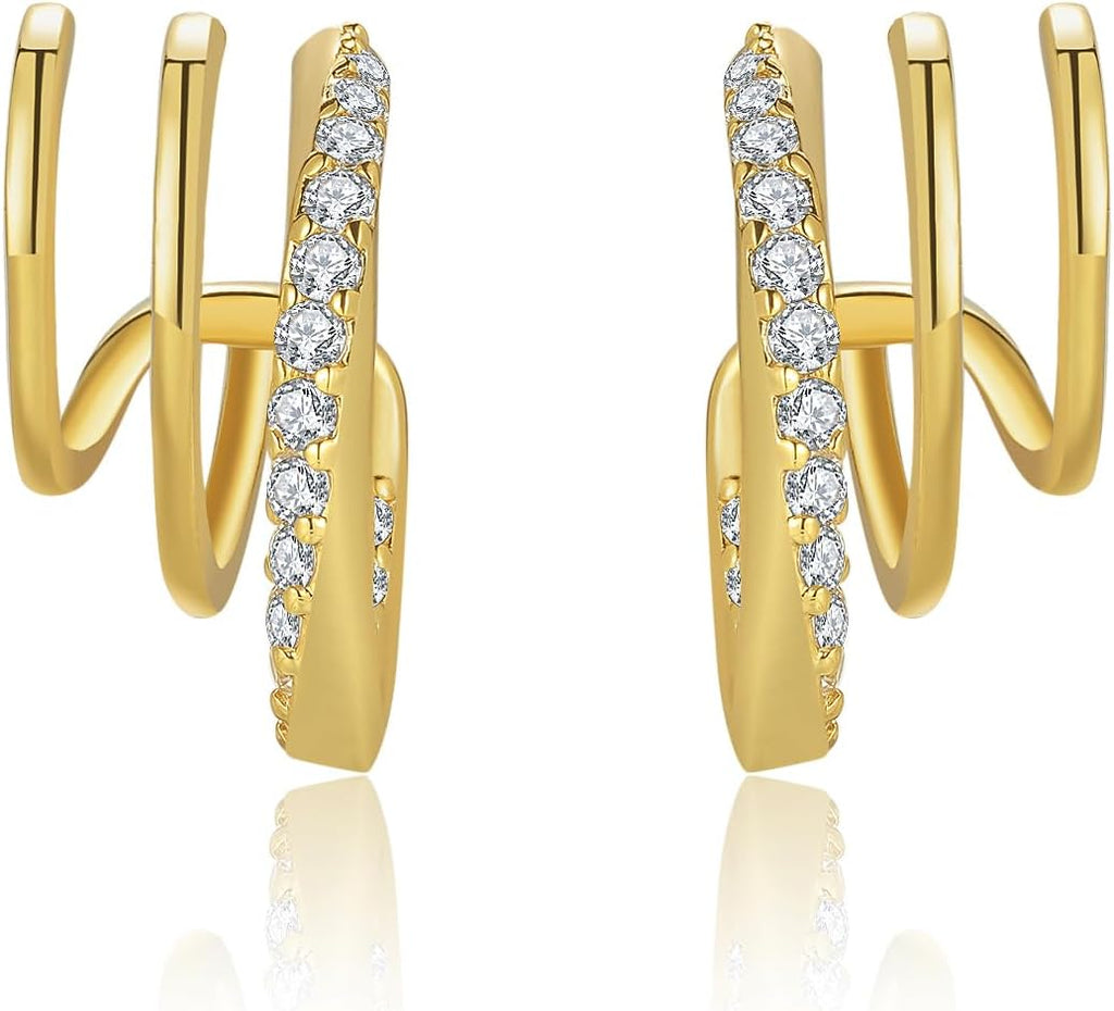 Obidos 14K Gold Plated Triple Huggie Illusion Stud Earrings | Double Huggie Hoop Earrings for One Hole | Gold Hoop Earrings for Women | Drop earrings