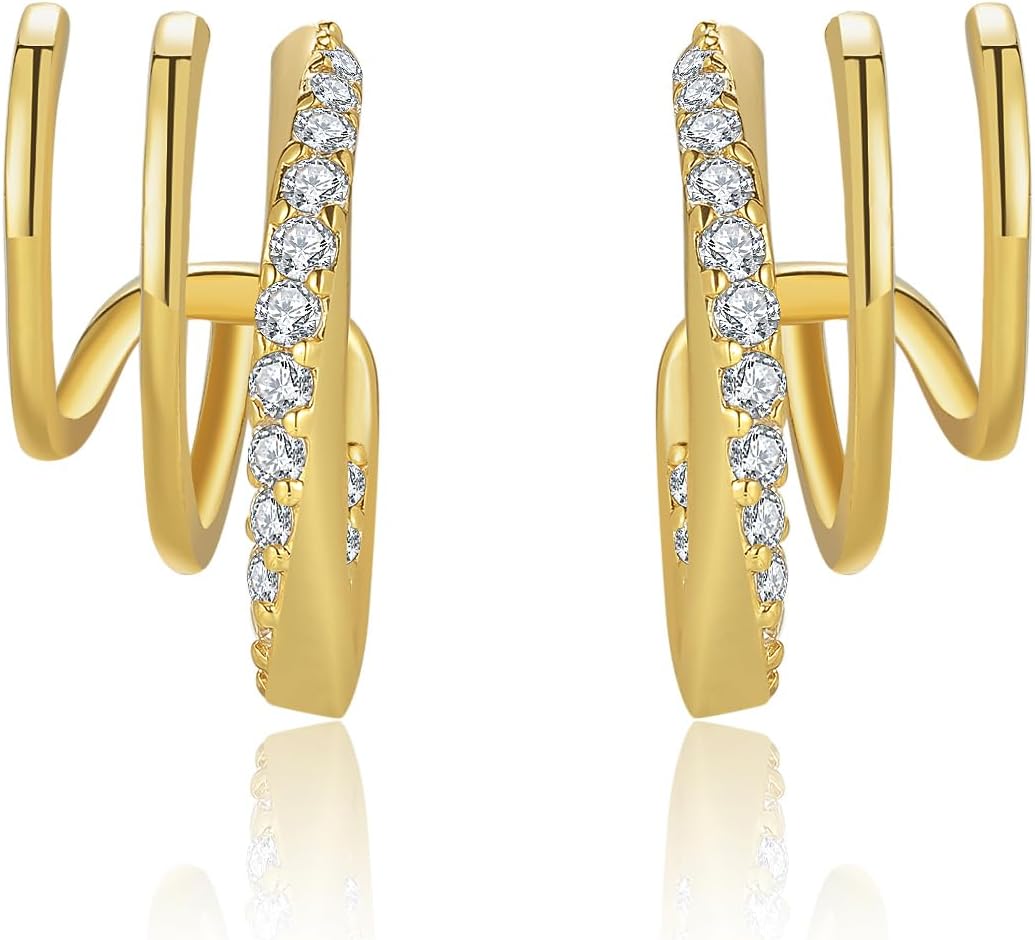 Obidos 14K Gold Plated Triple Huggie Illusion Stud Earrings | Double Huggie Hoop Earrings for One Hole | Gold Hoop Earrings for Women | Drop earrings