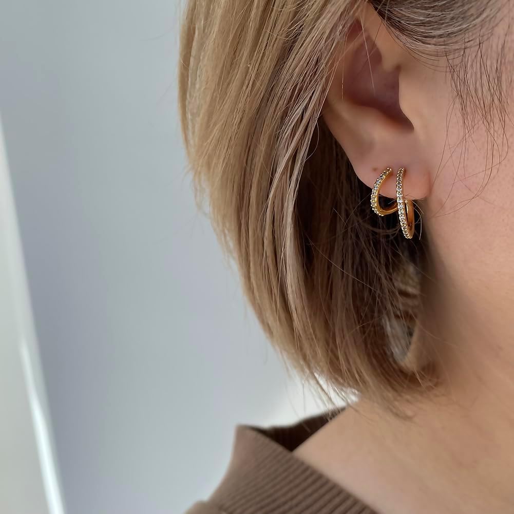 Obidos 14K Gold Plated Triple Huggie Illusion Stud Earrings | Double Huggie Hoop Earrings for One Hole | Gold Hoop Earrings for Women | Drop earrings