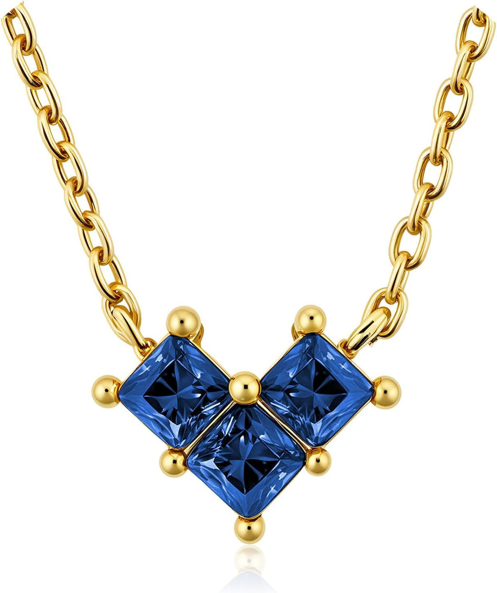 Turandoss Birthstone Necklaces for Women - Created 14K Gold Plated Blue Green Emerald Pendent Necklaces for Women Teen Girls 12 Month Dainty Heart Birthstone Jewelry Birthday Gifts